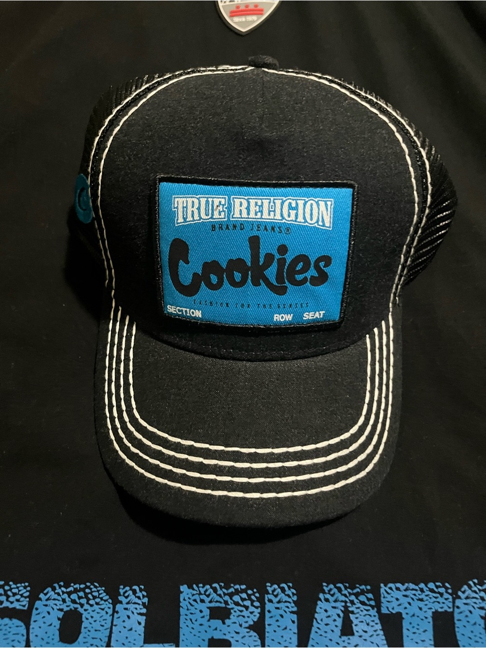 True Religion "Cookies" Black & Blue Trucker Hat